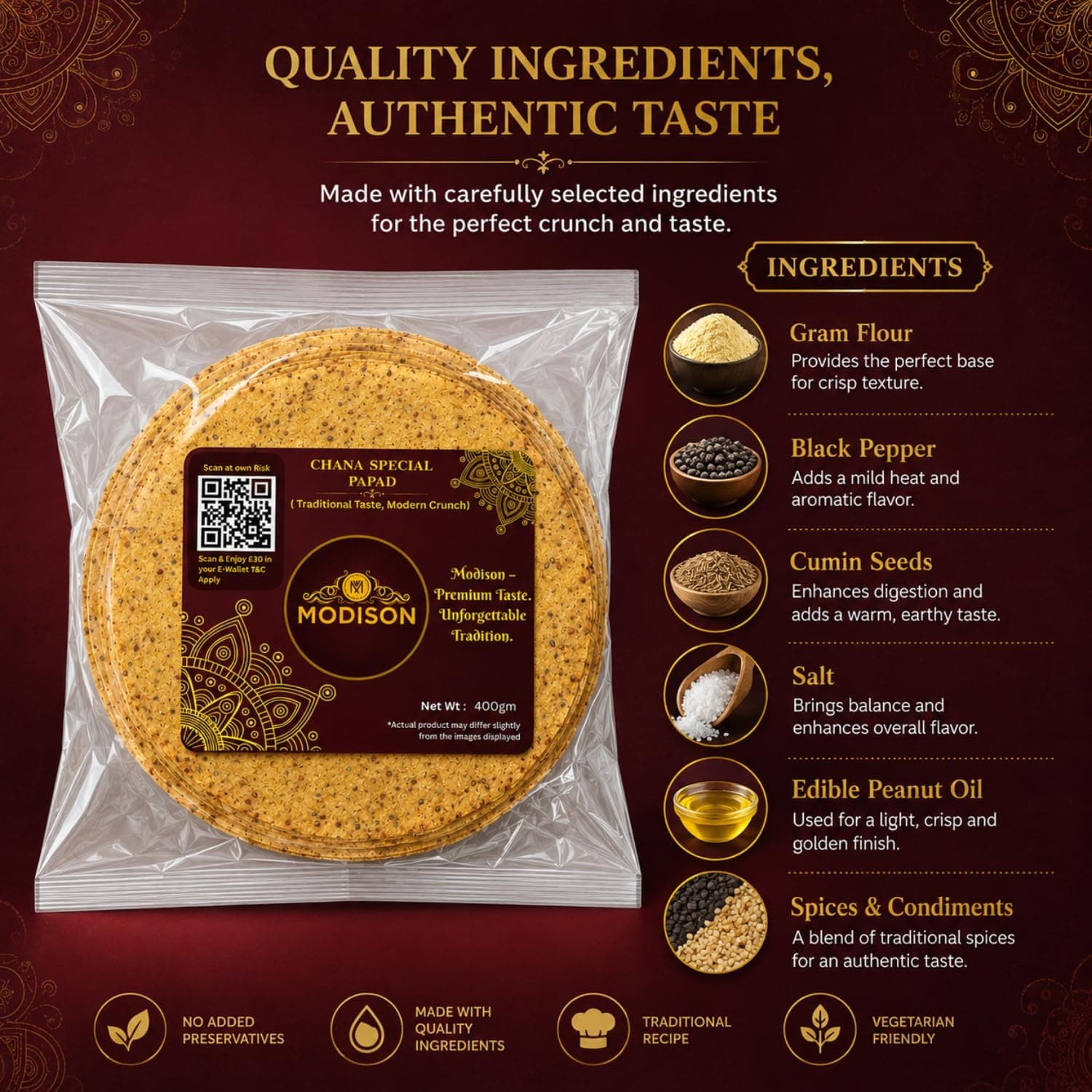 MODISON Chana Special Indian Papad Black Pepper Lentil Wafer 400g thumbnail 12