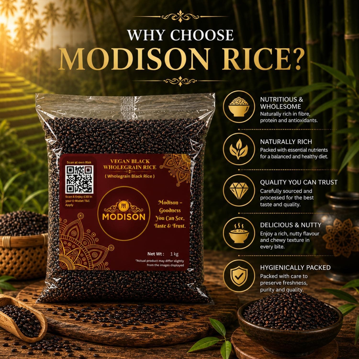 MODISON Vegan Black Wholegrain Rice Gluten Free Natural 1kg thumbnail 10