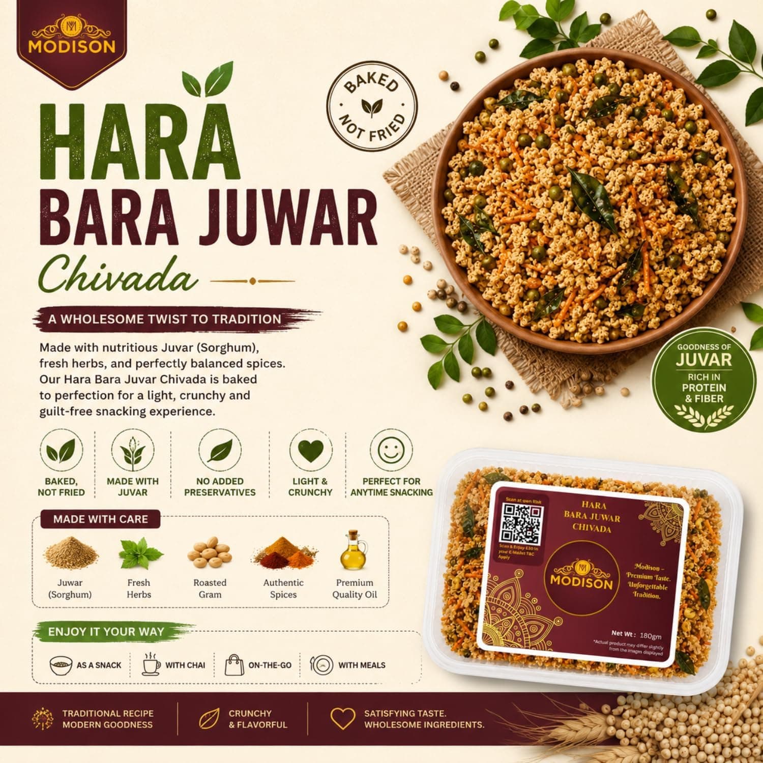MODISON Hara Bhara Jowar Chivda Indian Namkeen Roasted Sorghum 180g thumbnail 11