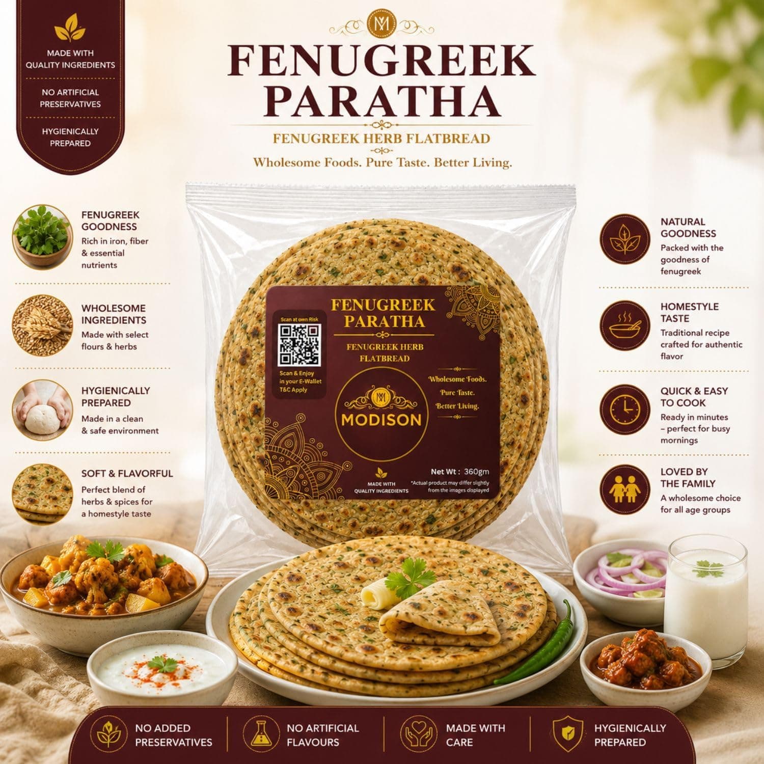 MODISON Fenugreek Paratha Traditional Indian Flatbread Frozen 360g thumbnail 10