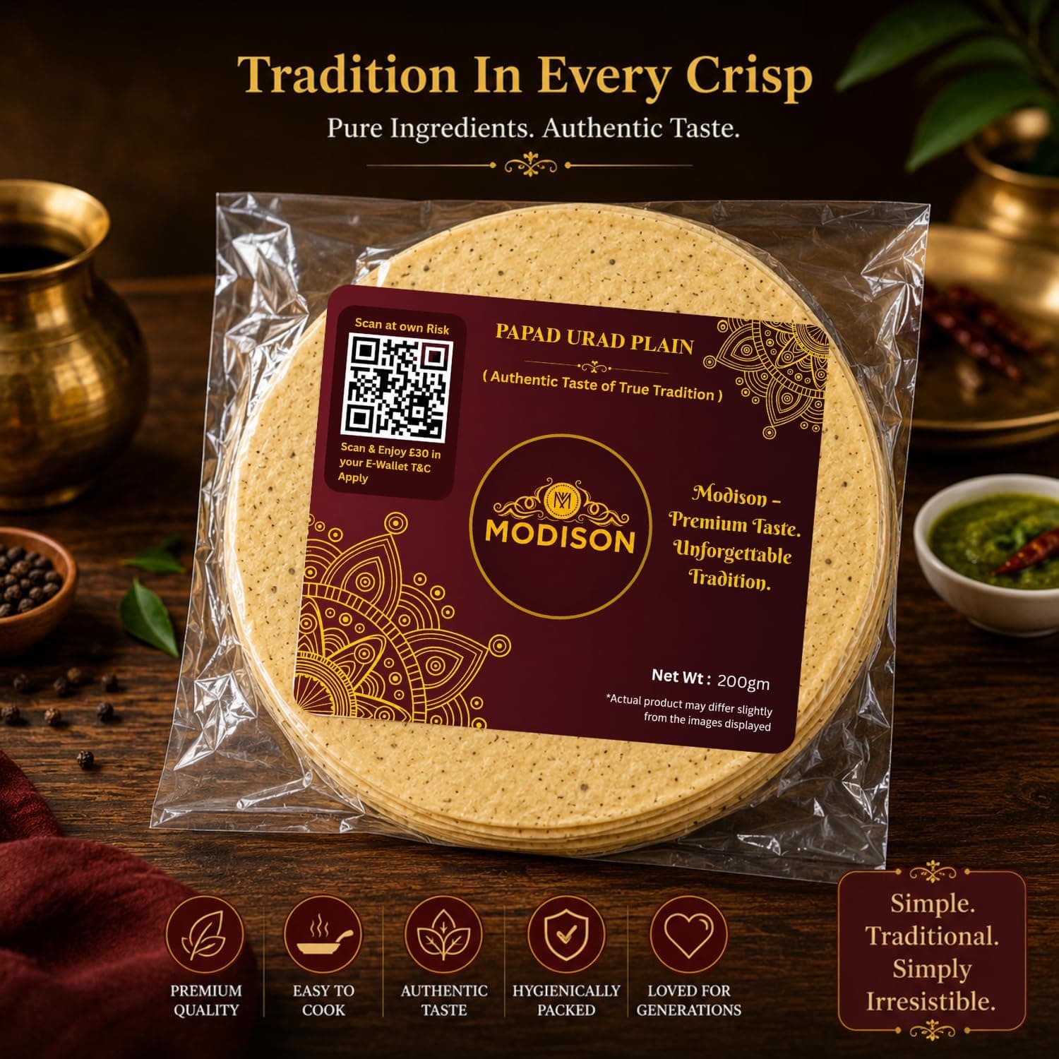 MODISON Plain Urad Papad Indian Papad Crispy Lentil Wafer 200g thumbnail 9