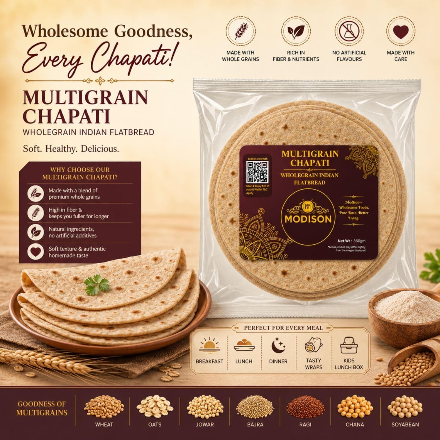 MODISON Multigrain Chapati Traditional Indian Flatbread Frozen 360g thumbnail 10