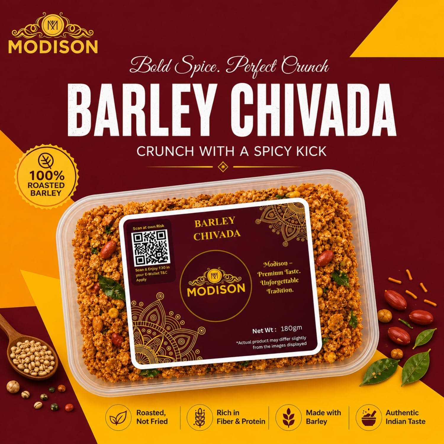 MODISON Barley Chivda Indian Namkeen Crispy Savory Mix 180g thumbnail 12