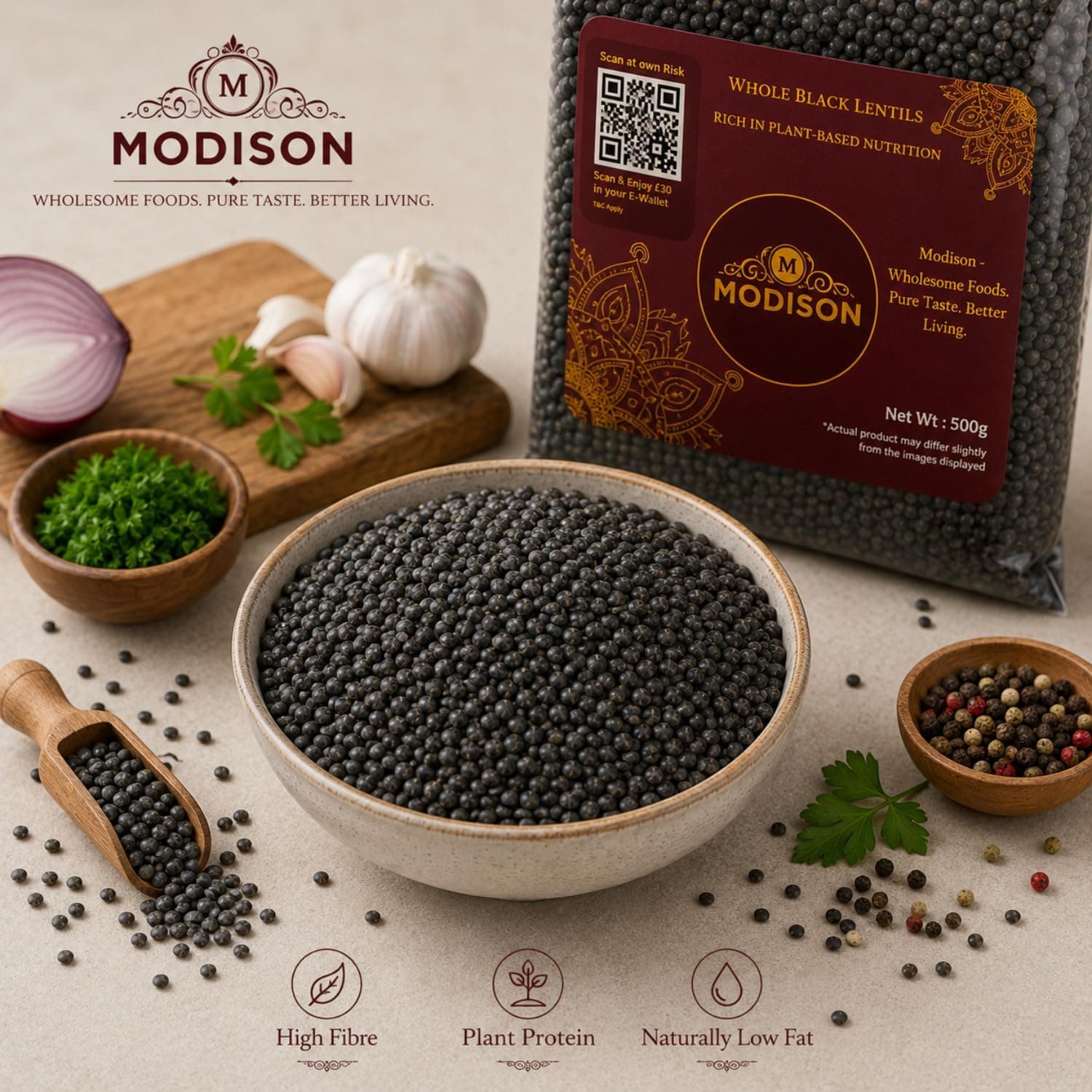 MODISON Whole Black Lentils Pulses High Fibre Nutrition 500g thumbnail 12