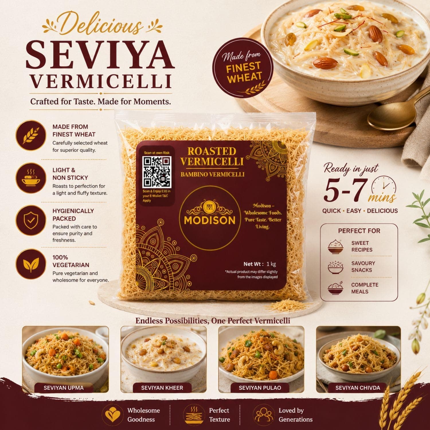 MODISON Roasted Vermicelli Premium Wheat Semolina Ready to Cook 1kg thumbnail 11