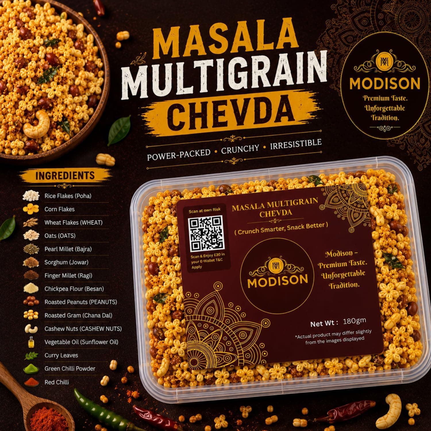 MODISON Masala Multigrain Chevda Indian Namkeen Roasted Mix 180g thumbnail 11