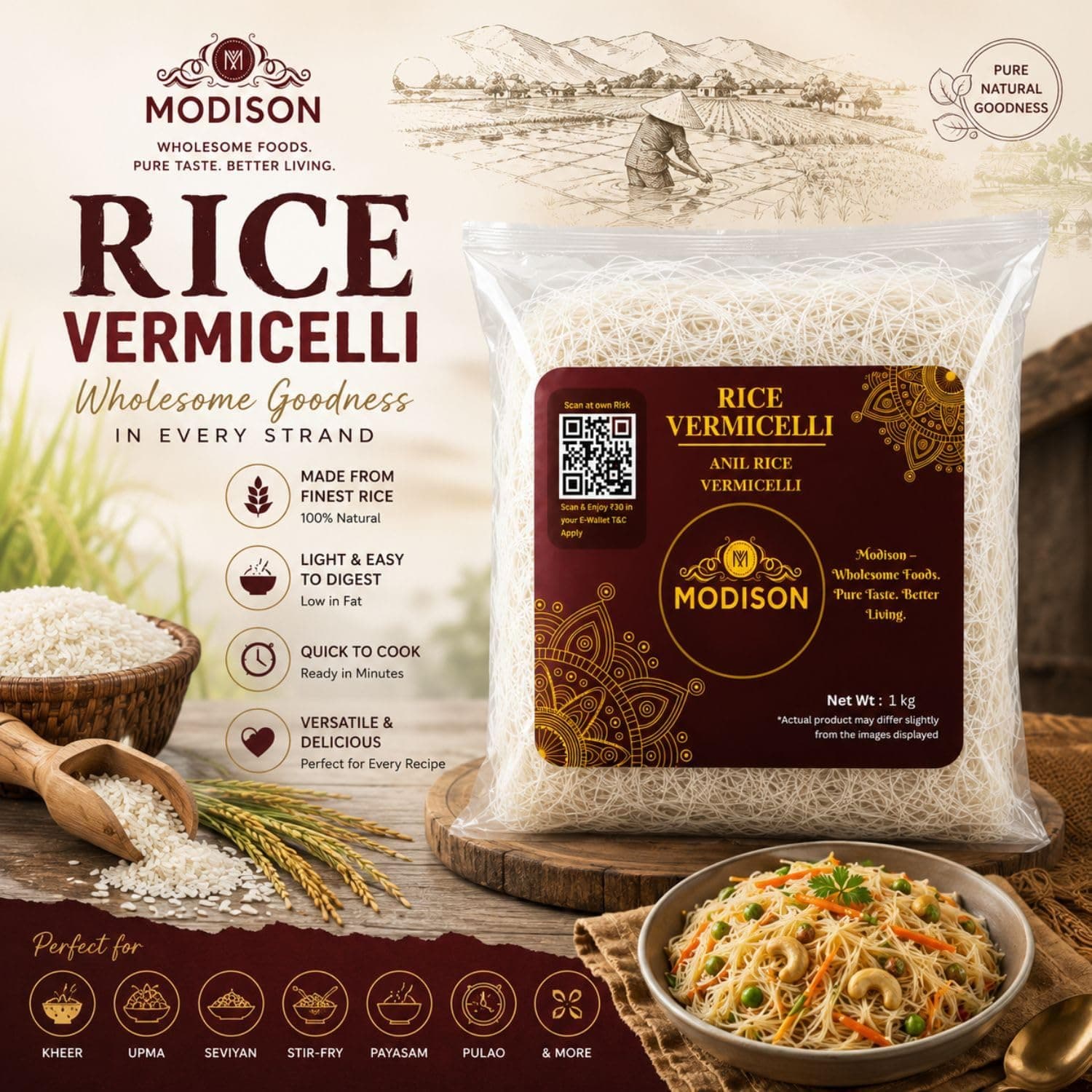 MODISON Rice Vermicelli Premium Rice Noodles Ready to Cook 1kg thumbnail 10