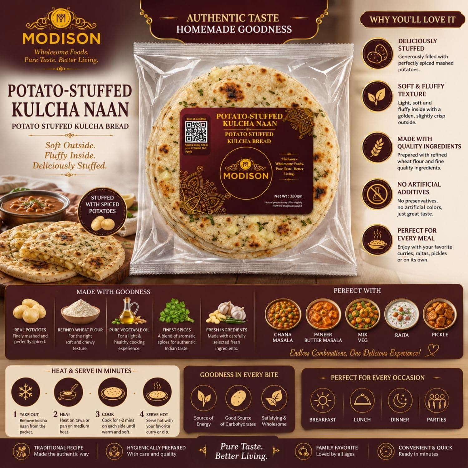 MODISON Potato Stuffed Kulcha Naan Traditional Flatbread Frozen 320g thumbnail 10
