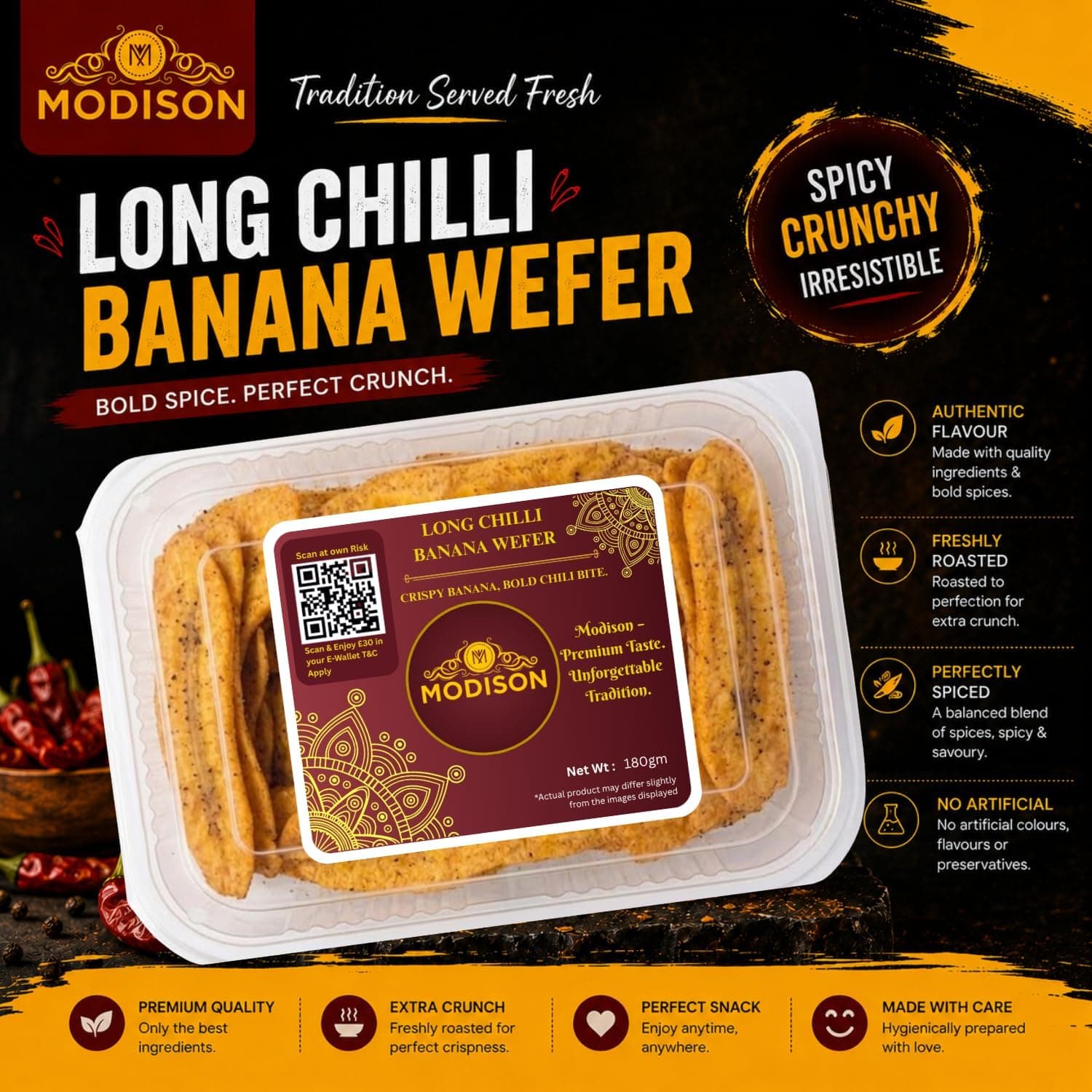 MODISON Long Chilli Banana Wafer Indian Snacks Spicy Kela 180g thumbnail 10
