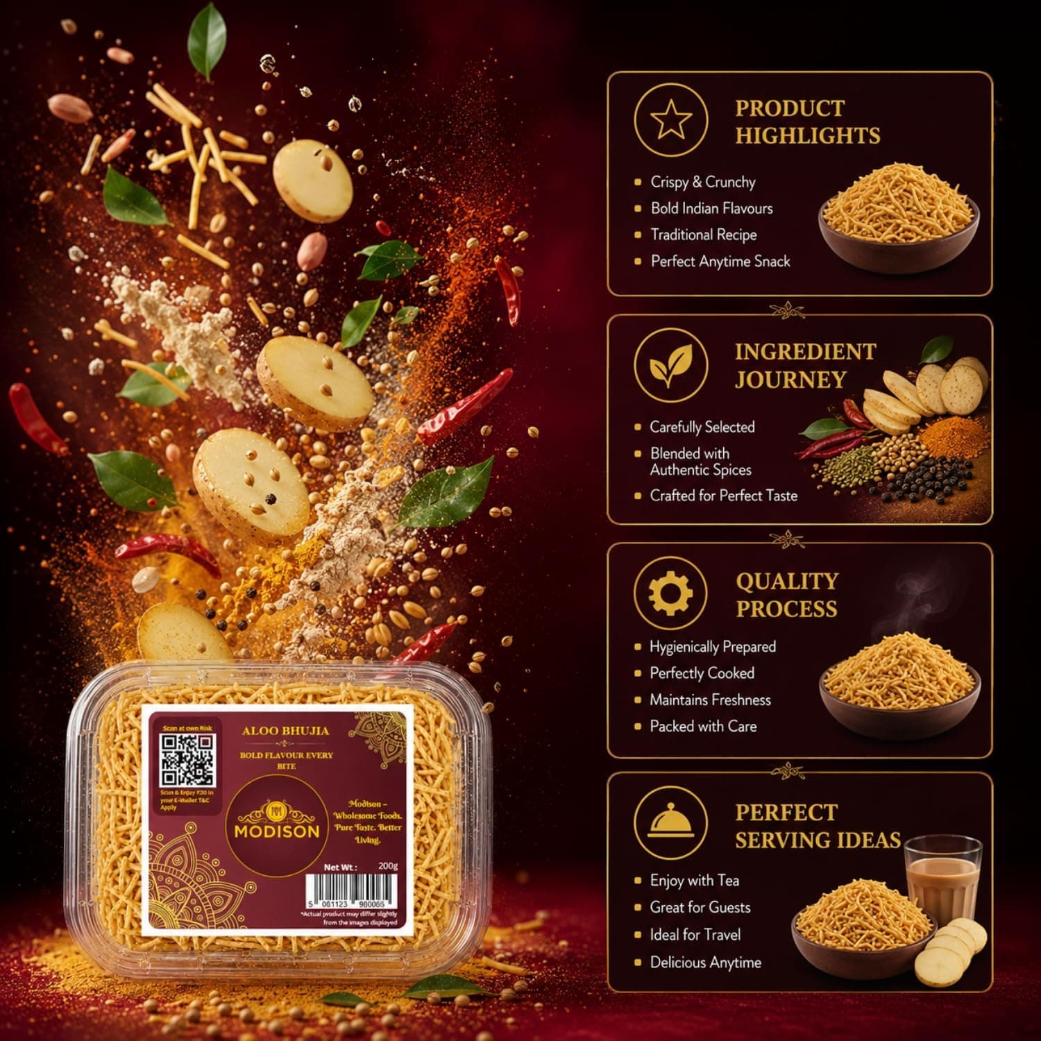 MODISON Aloo Bhujia Authentic Indian Namkeen Snack 200g thumbnail 10