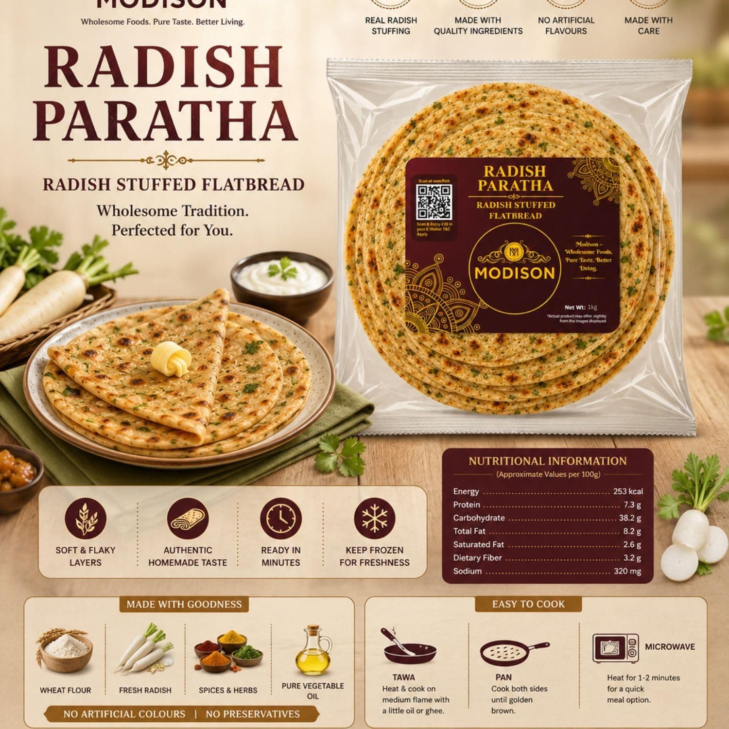 MODISON Radish Paratha Traditional Indian Flatbread Frozen 360g thumbnail 11