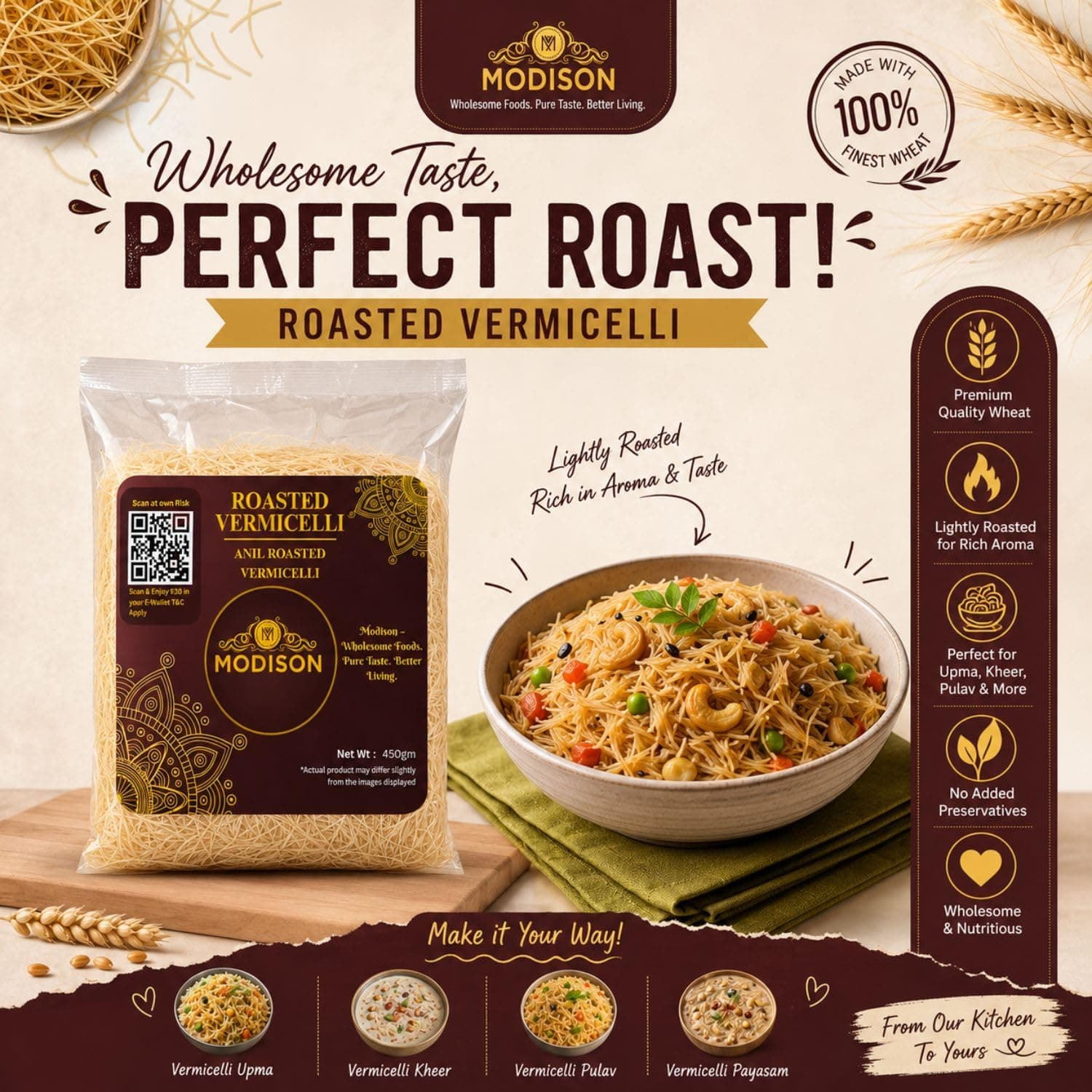 MODISON Roasted Vermicelli Ready to Cook Wheat Semolina Seviyan 440g thumbnail 11
