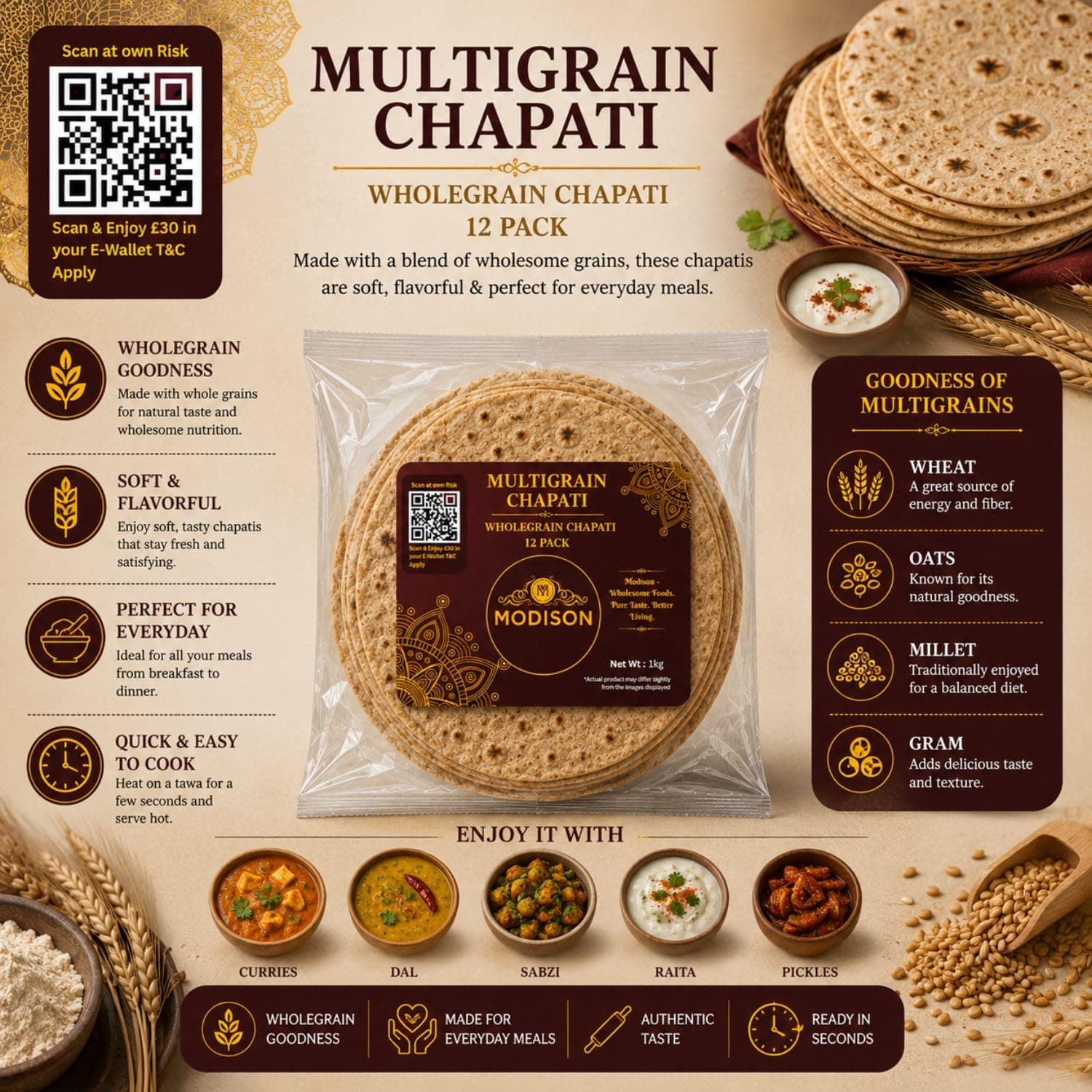 MODISON Multigrain Chapati 12 Pcs Frozen Indian Flatbread 1kg thumbnail 10