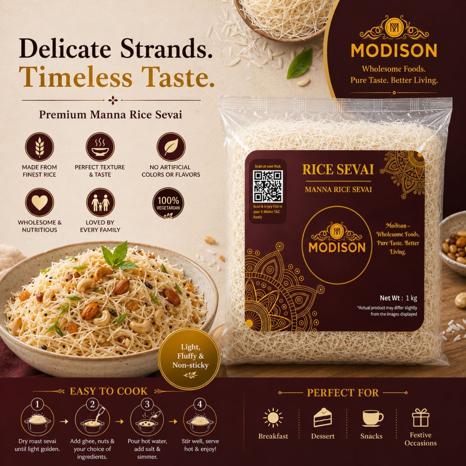 MODISON Brown Rice Sevai Rice Noodles, Brown Rice Vermicelli, 1 kg product image 3