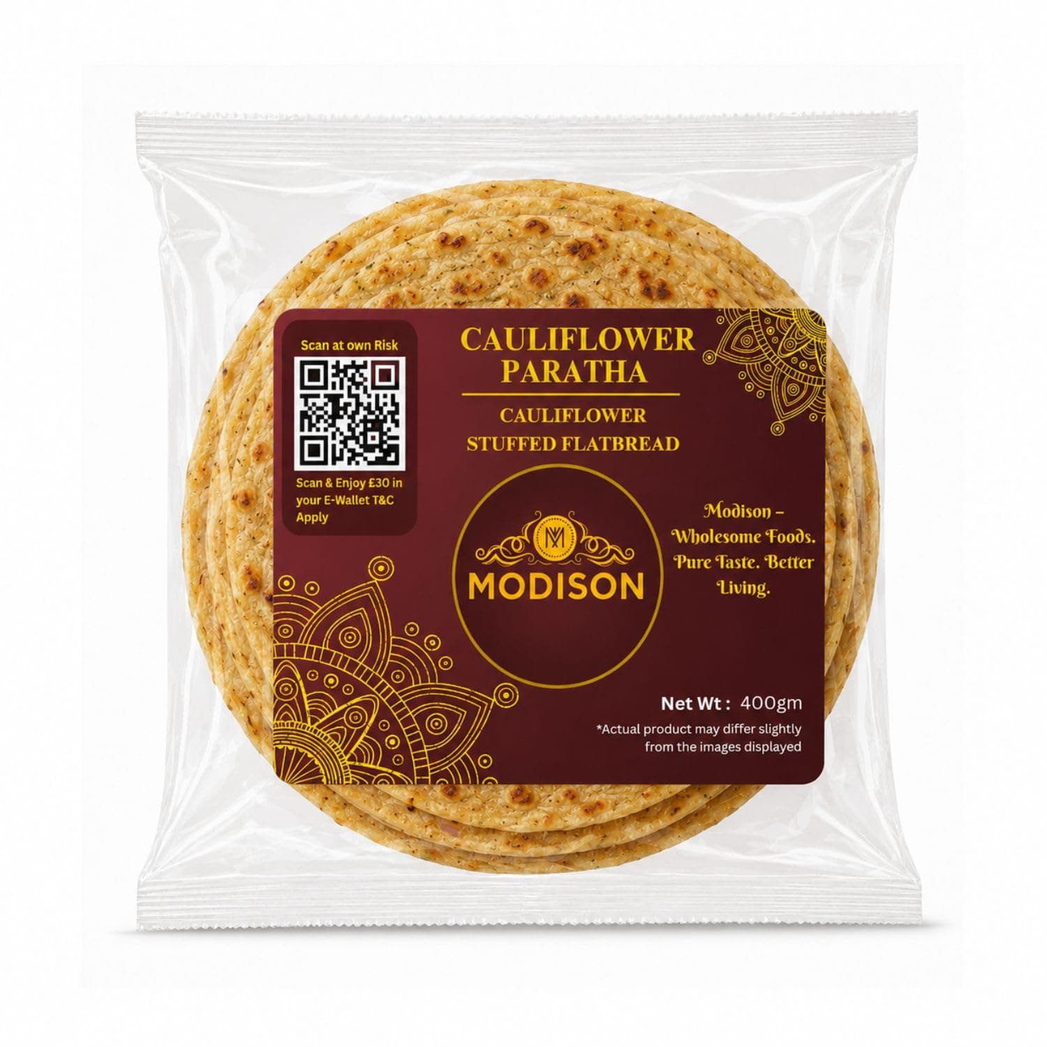 MODISON Cauliflower Paratha Traditional Indian Flatbread Frozen 400g product image 1