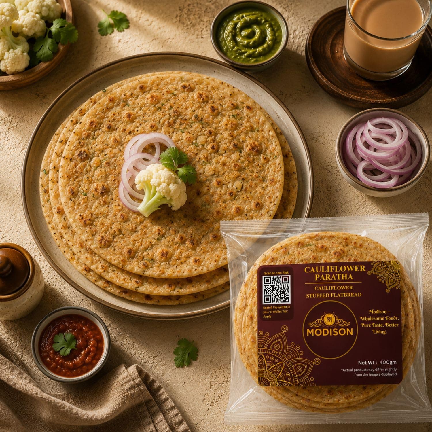 MODISON Cauliflower Paratha Traditional Indian Flatbread Frozen 400g product image 7