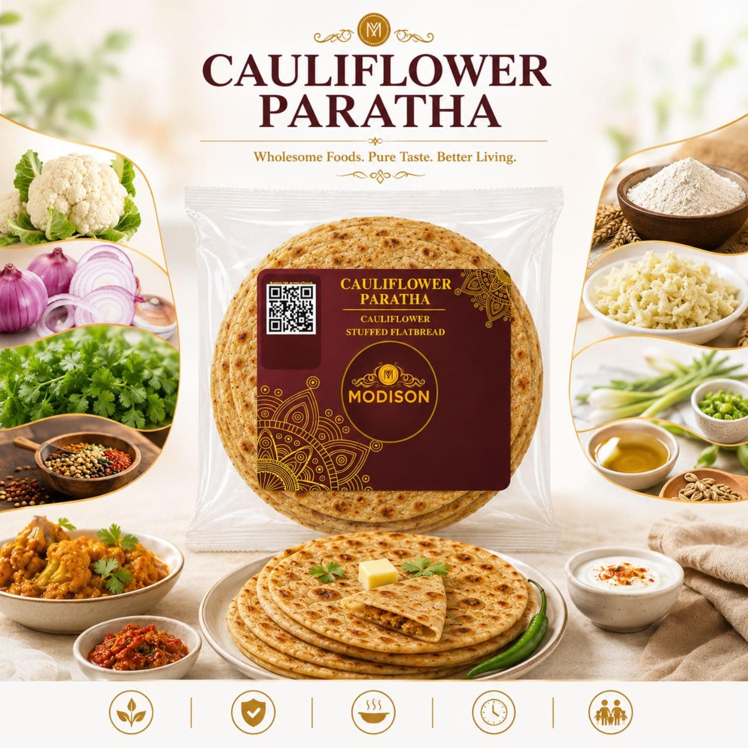 MODISON Cauliflower Paratha Traditional Indian Flatbread Frozen 400g product image 8