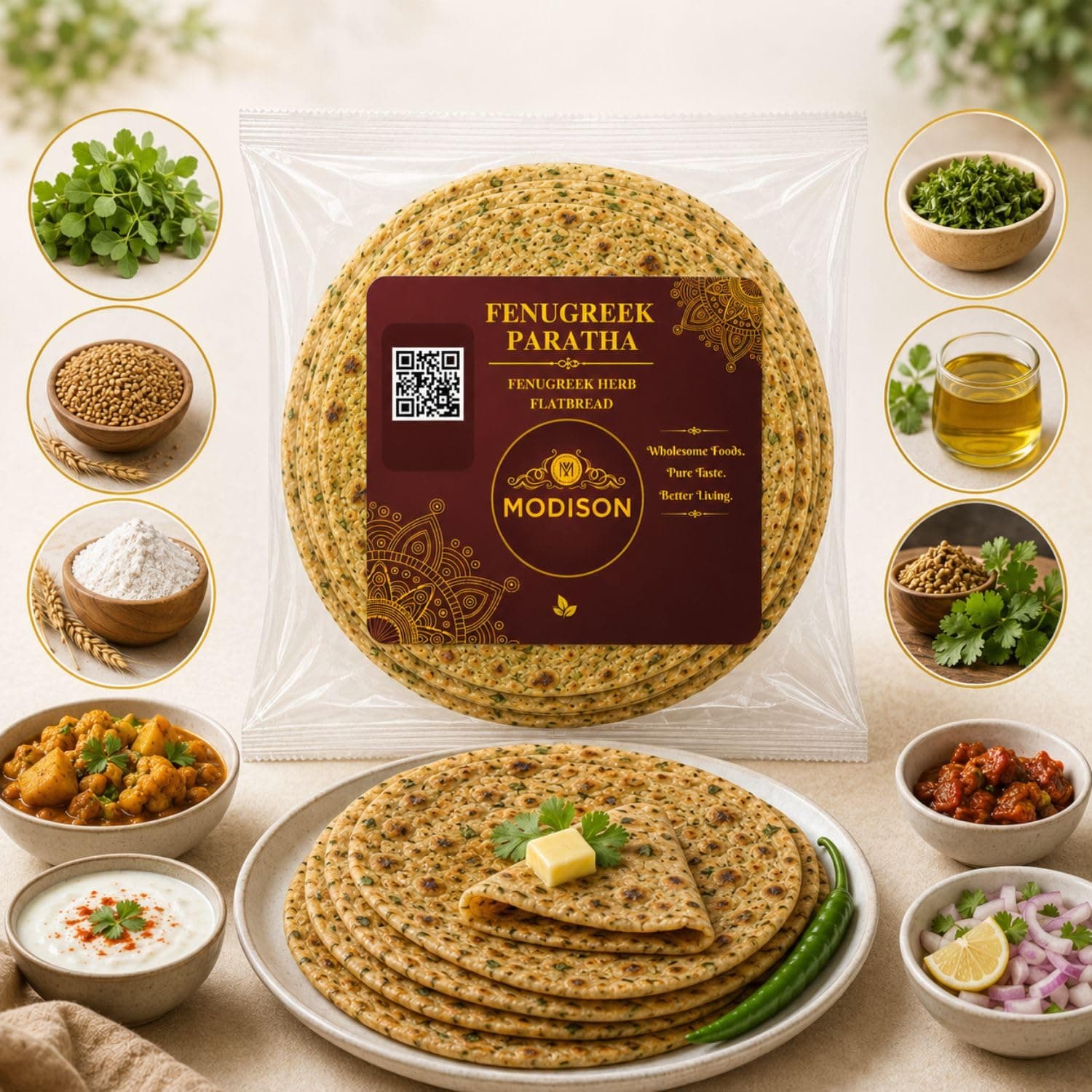 MODISON Fenugreek Paratha Traditional Indian Flatbread Frozen 360g product image 5