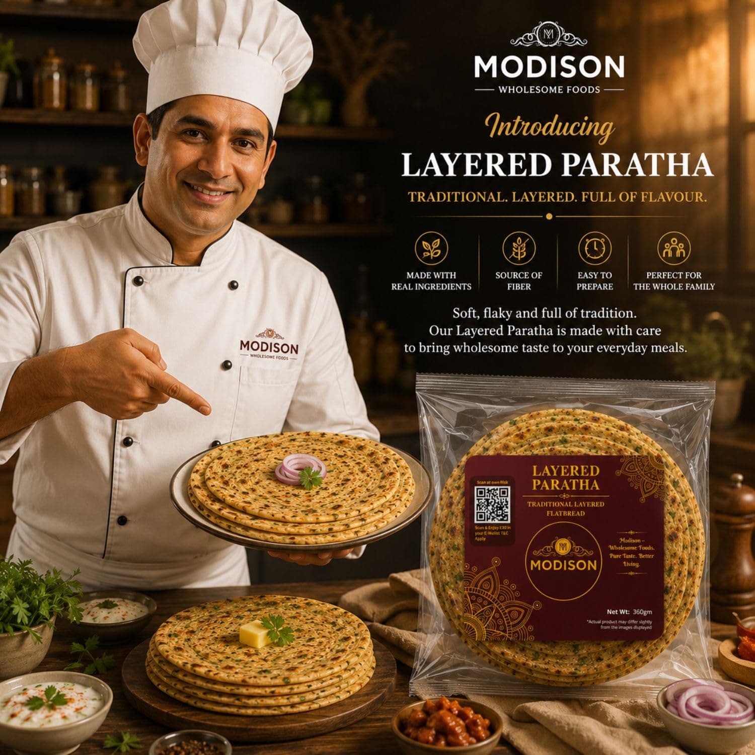 MODISON Layered Paratha Traditional Indian Flatbread Frozen 360g product image 4