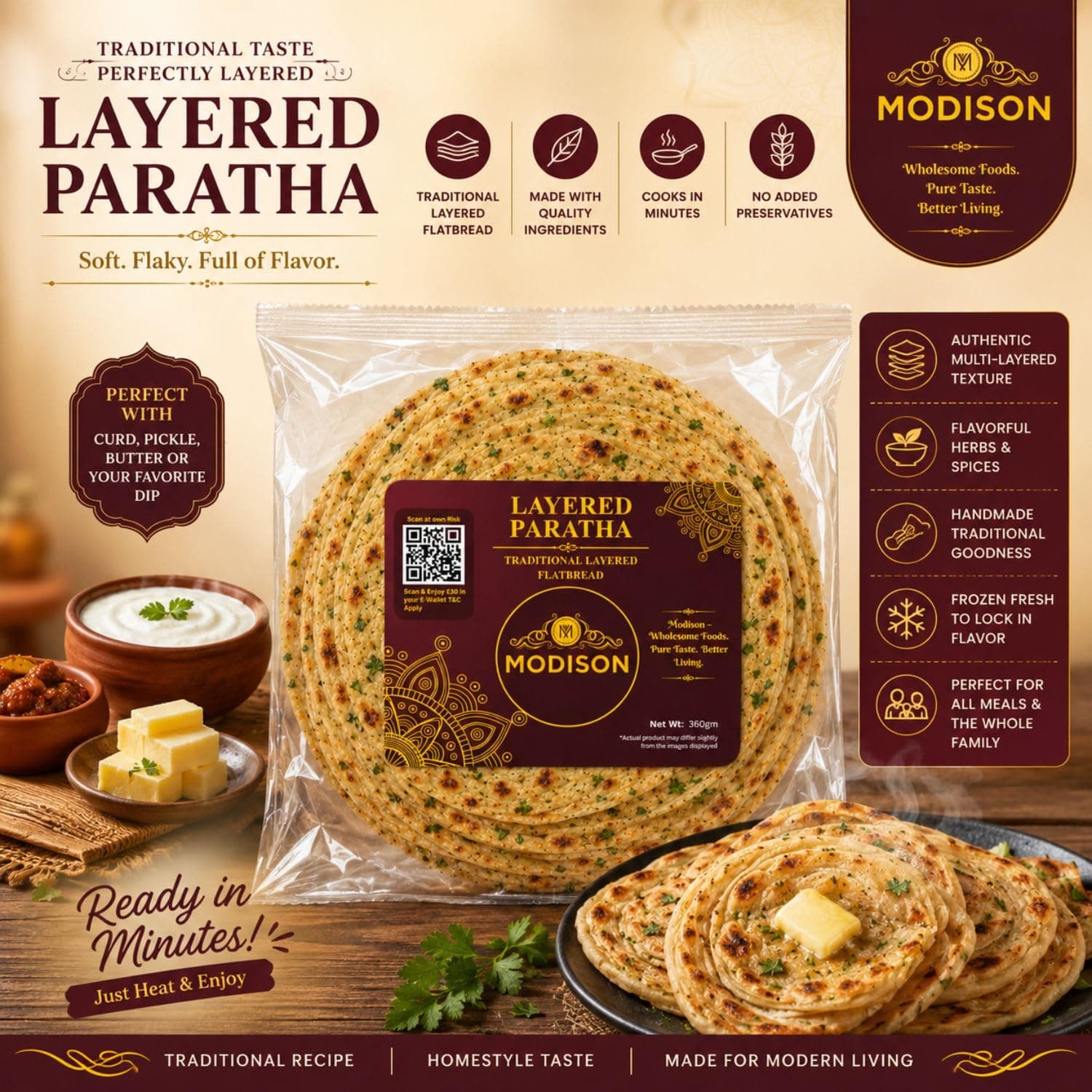 MODISON Layered Paratha Traditional Indian Flatbread Frozen 360g product image 8