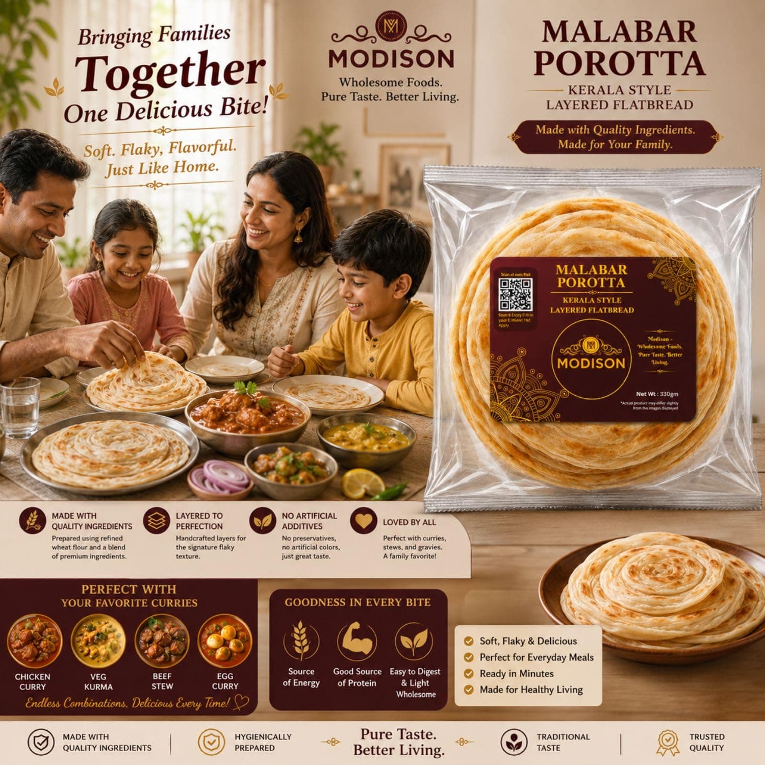 MODISON Malabar Porotta Traditional Layered Flatbread Frozen 330g product image 5
