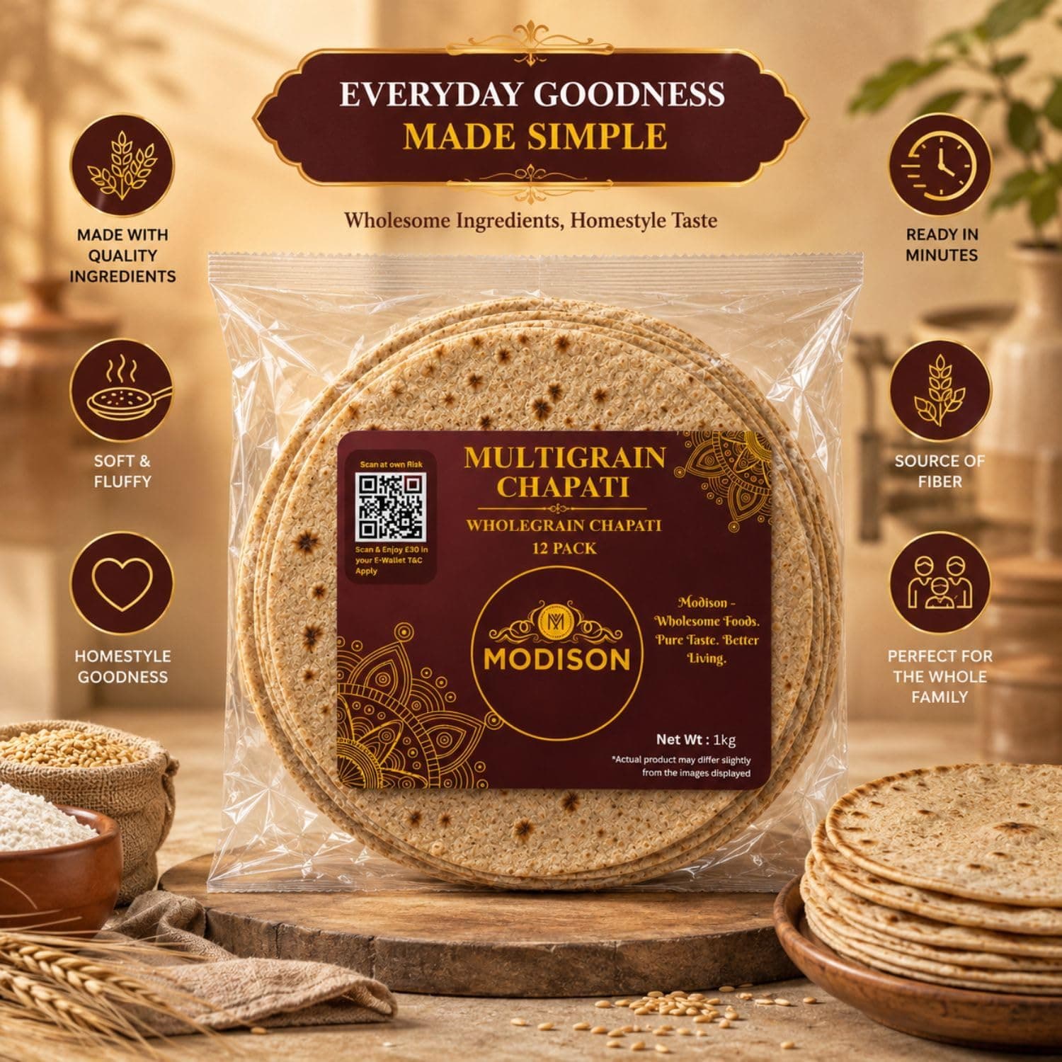 MODISON Multigrain Chapati 12 Pcs Frozen Indian Flatbread 1kg product image 4