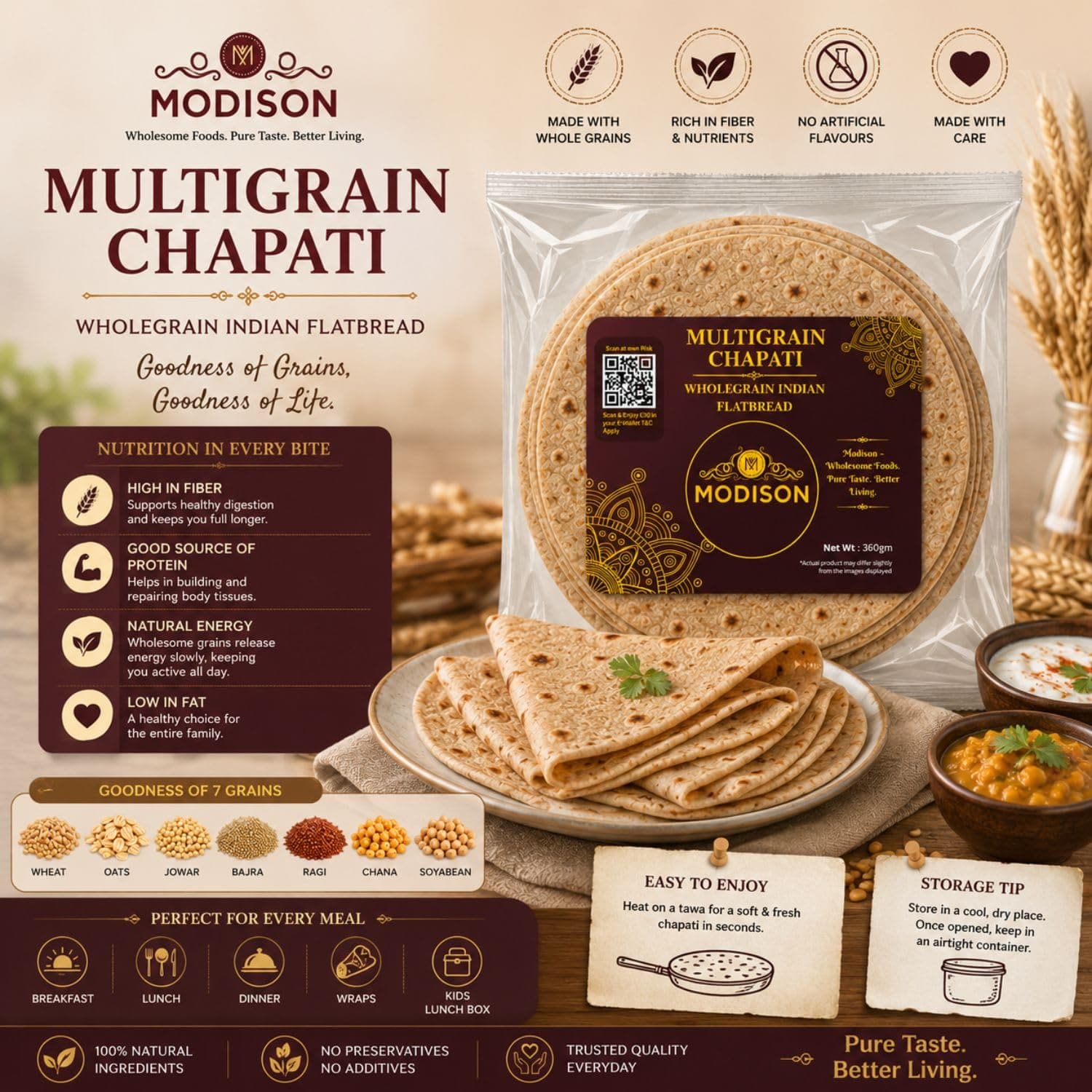 MODISON Multigrain Chapati Traditional Indian Flatbread Frozen 360g product image 7