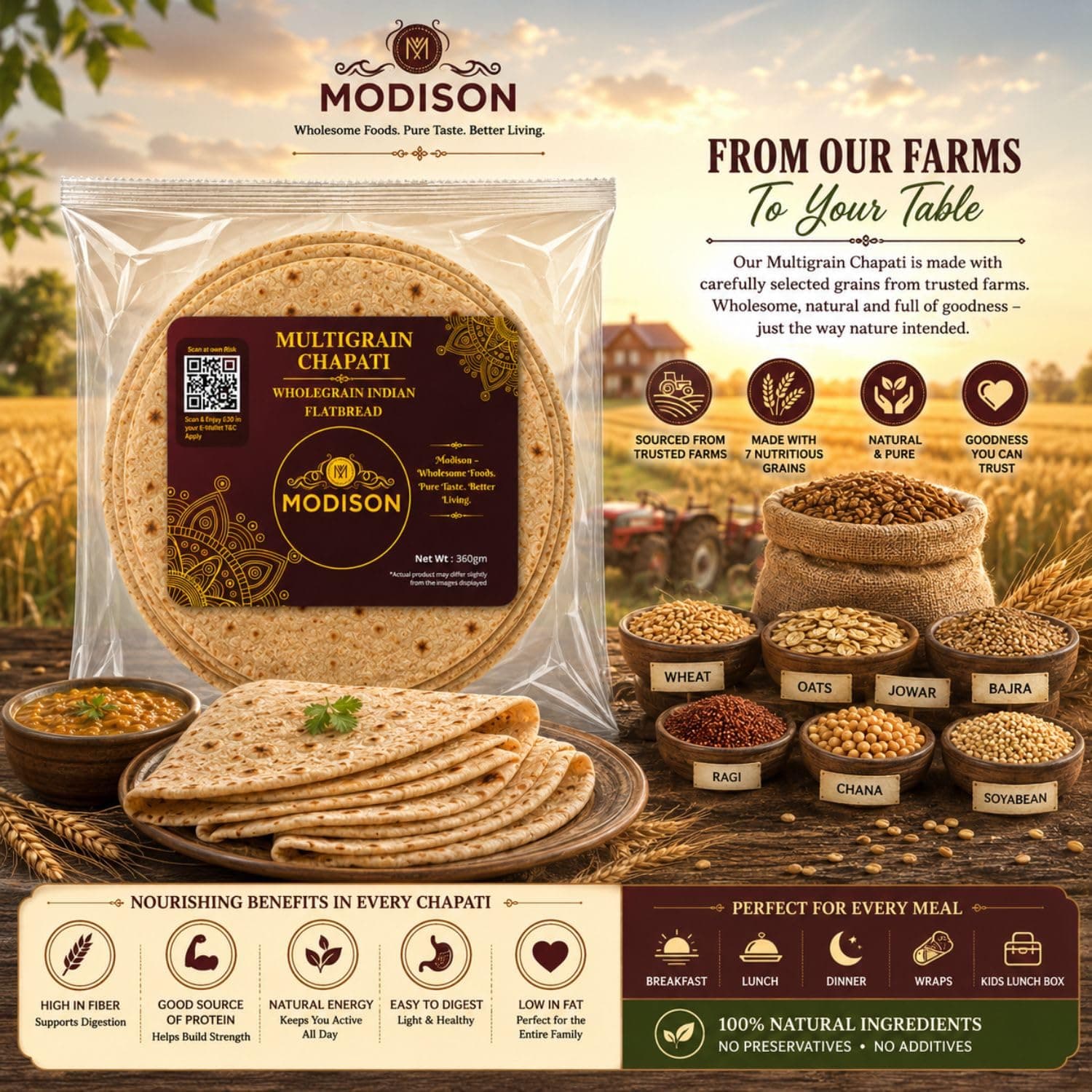 MODISON Multigrain Chapati Traditional Indian Flatbread Frozen 360g product image 8