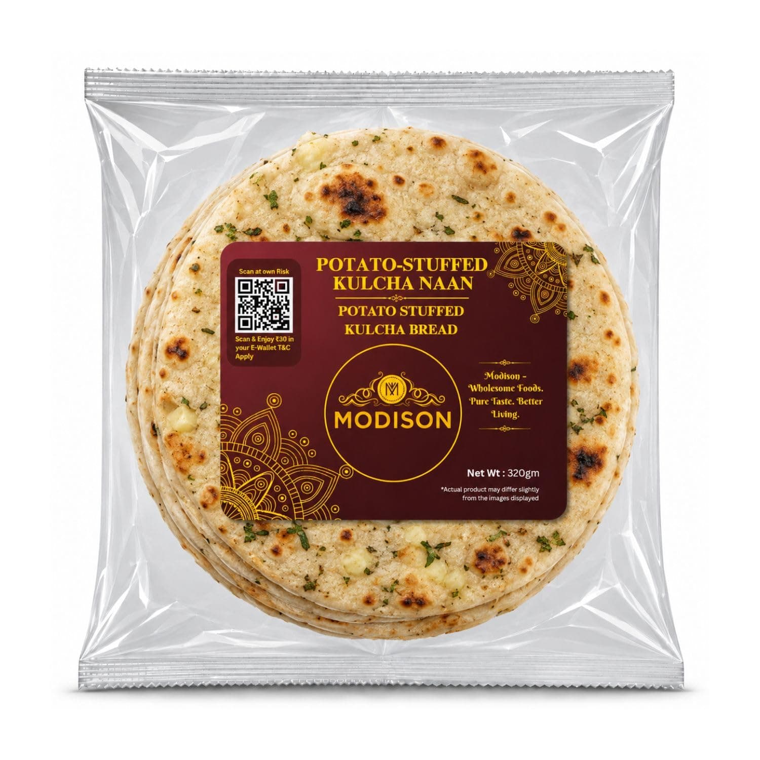 MODISON Potato Stuffed Kulcha Naan Traditional Flatbread Frozen 320g product image 1