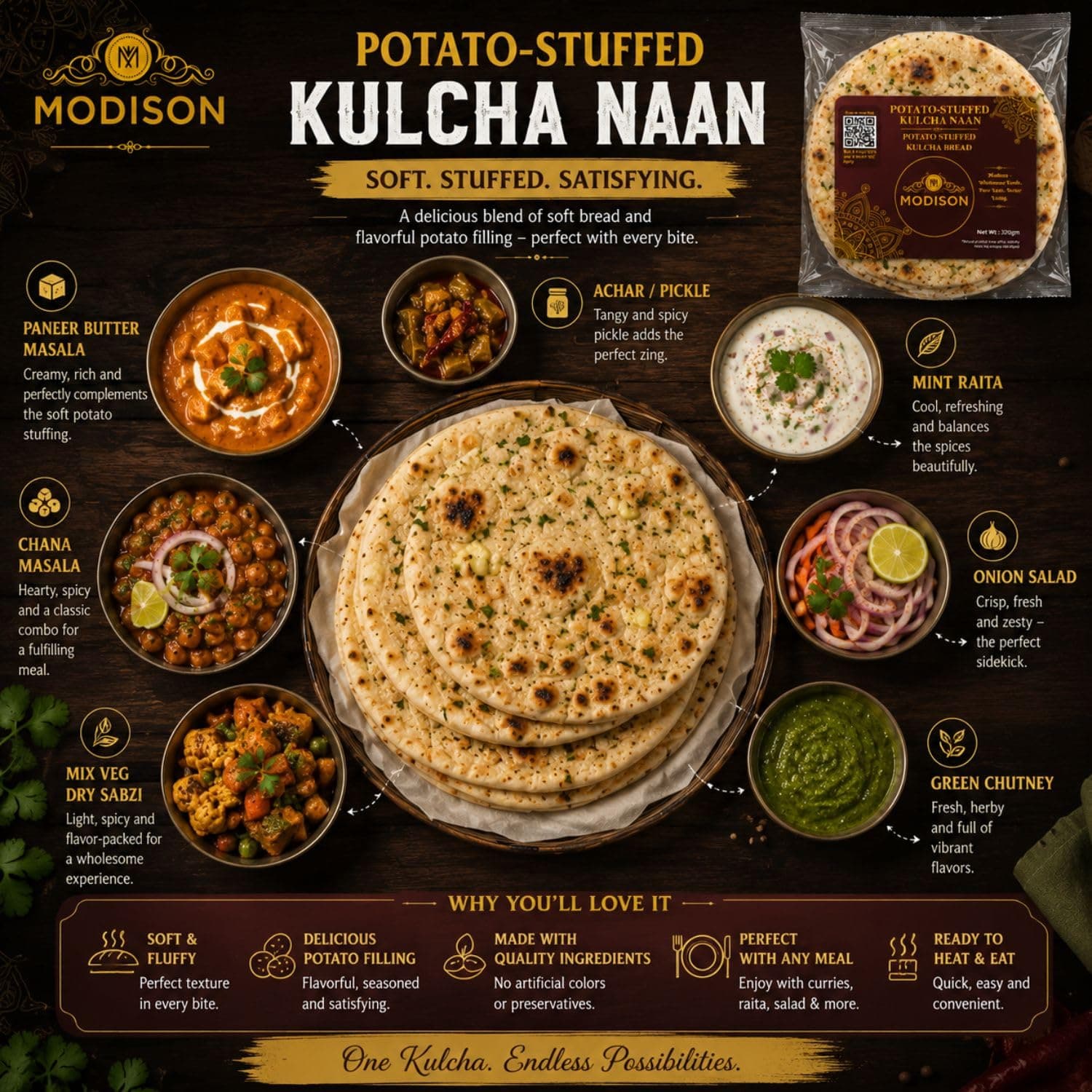 MODISON Potato Stuffed Kulcha Naan Traditional Flatbread Frozen 320g product image 7