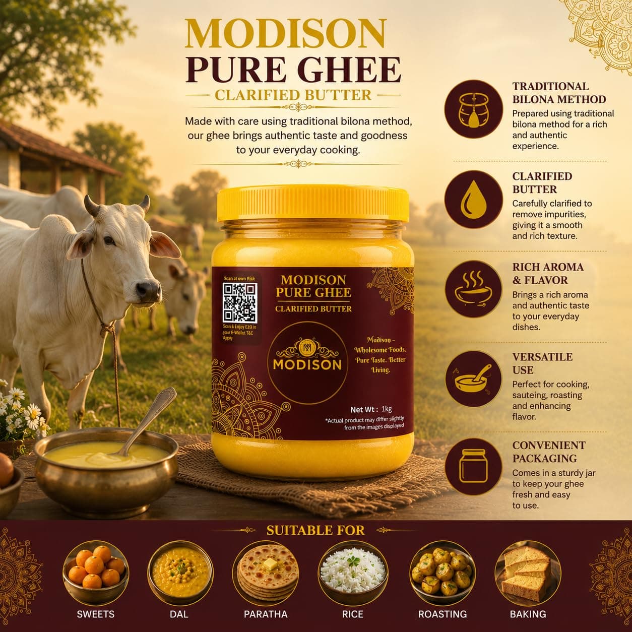 MODISON Pure Ghee Clarified Butter Pure Milk Fat 1kg product image 2