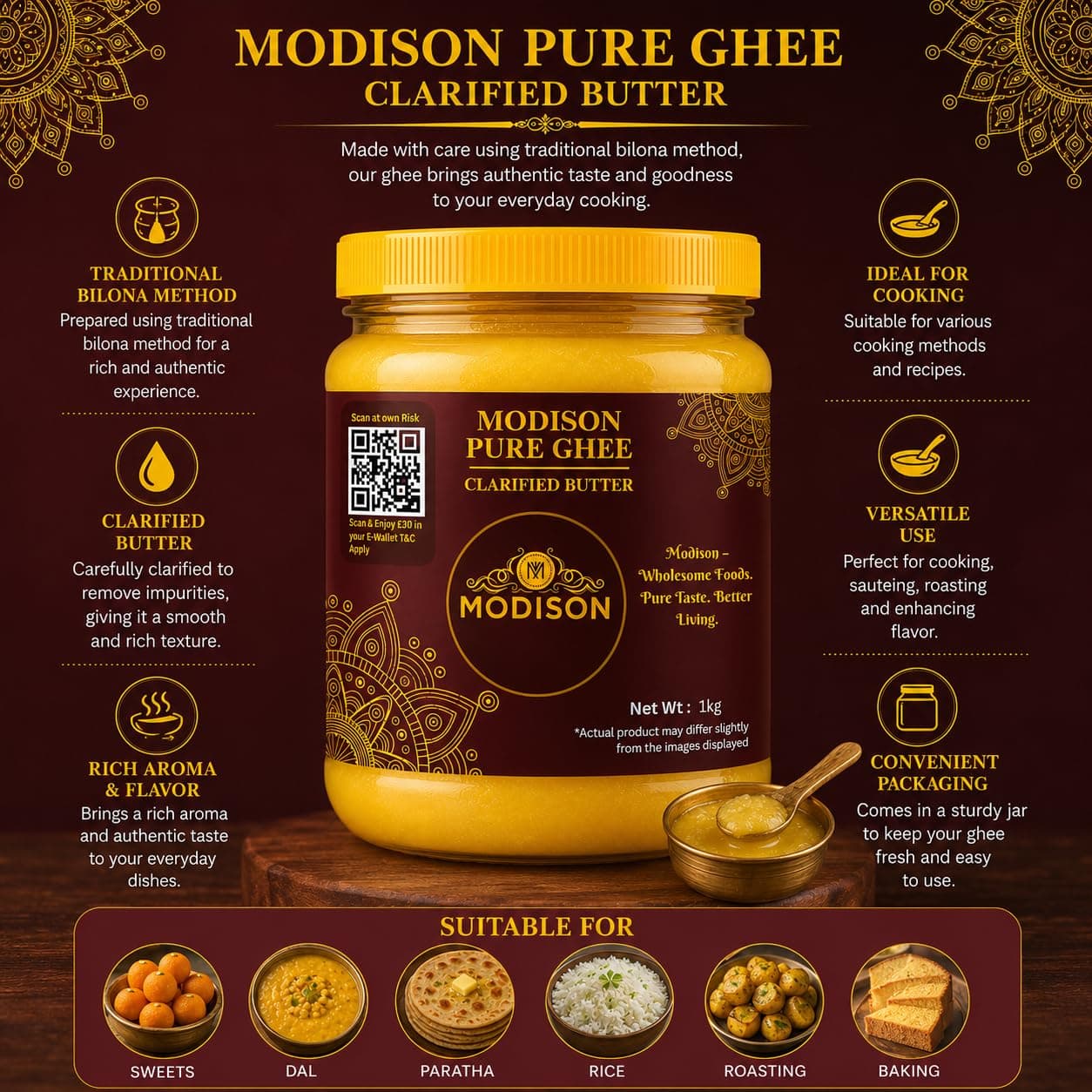 MODISON Pure Ghee Clarified Butter Pure Milk Fat 1kg product image 3