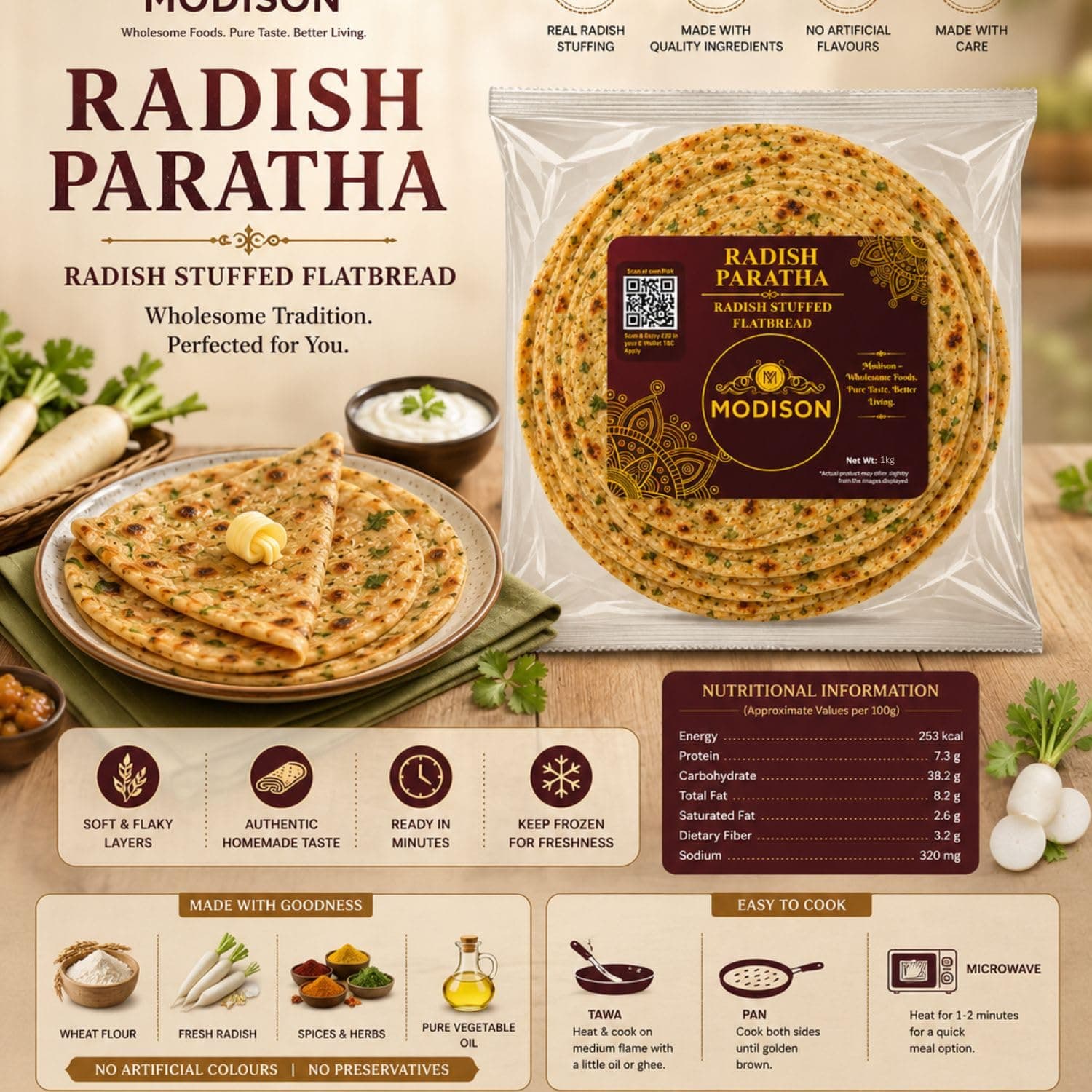 MODISON Radish Paratha Traditional Indian Flatbread Frozen 360g product image 3