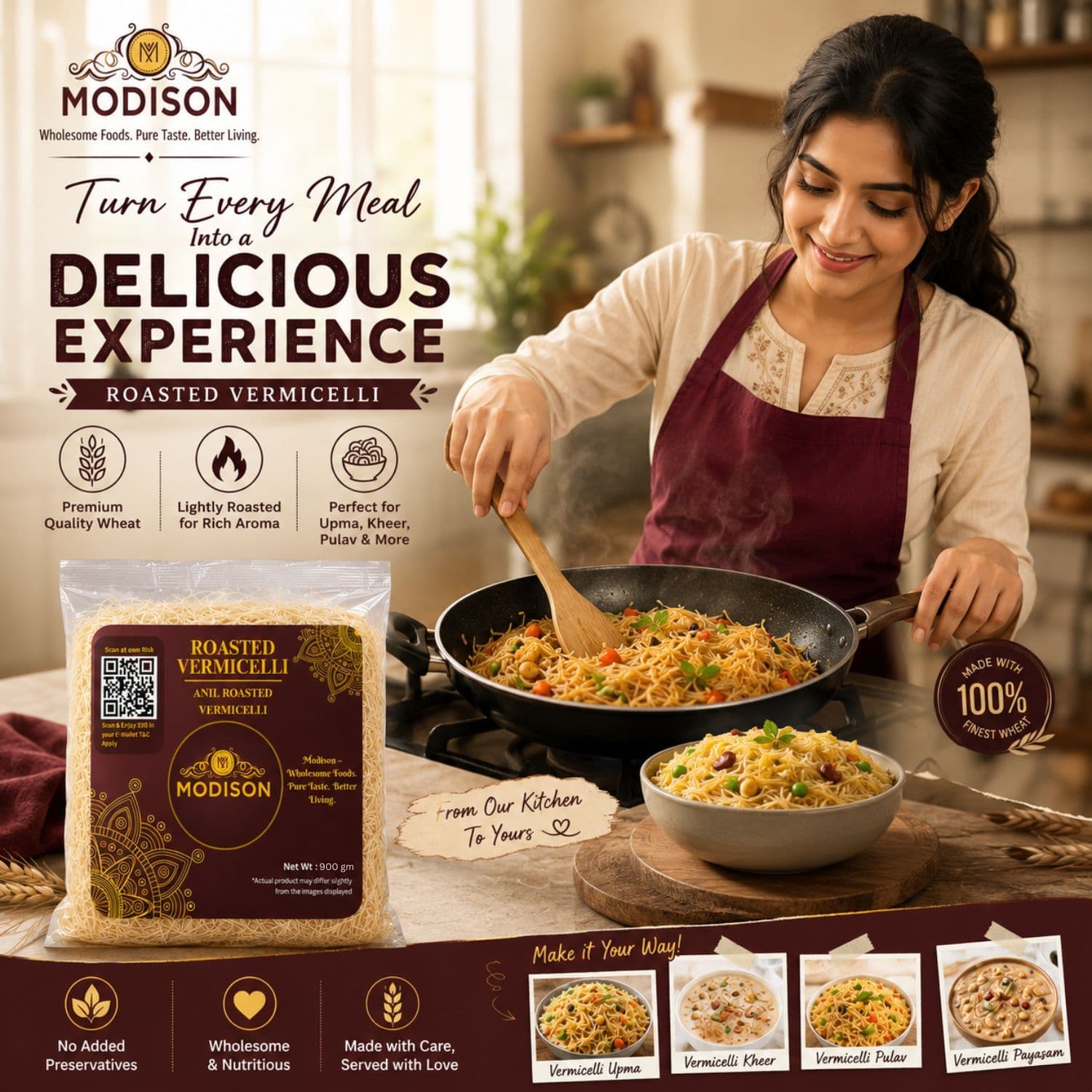 MODISON Roasted Vermicelli Wheat Semolina Seviyan 900g product image 5