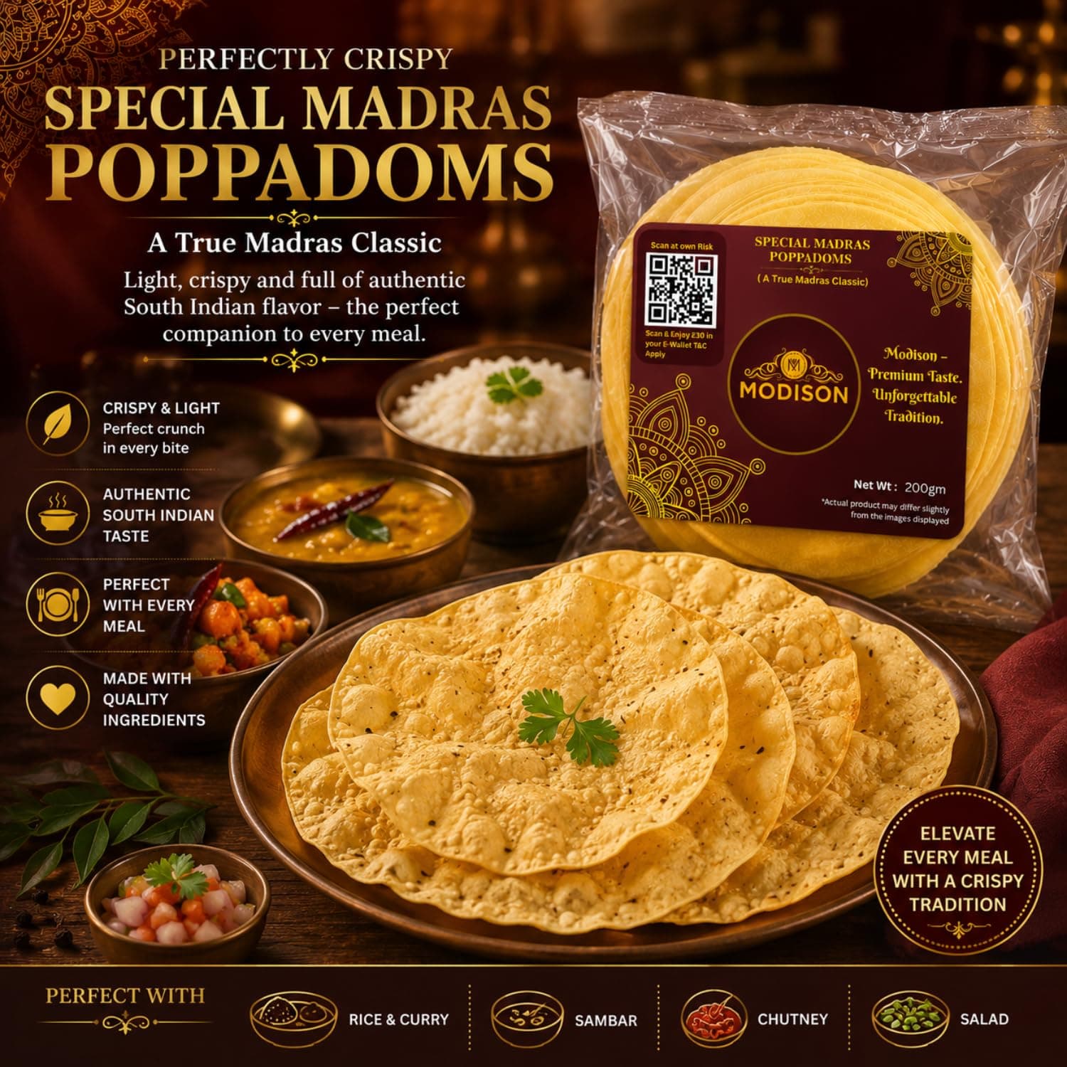 MODISON Special Madras Poppadoms Indian Papad Crispy Lentil Wafer 200g product image 4