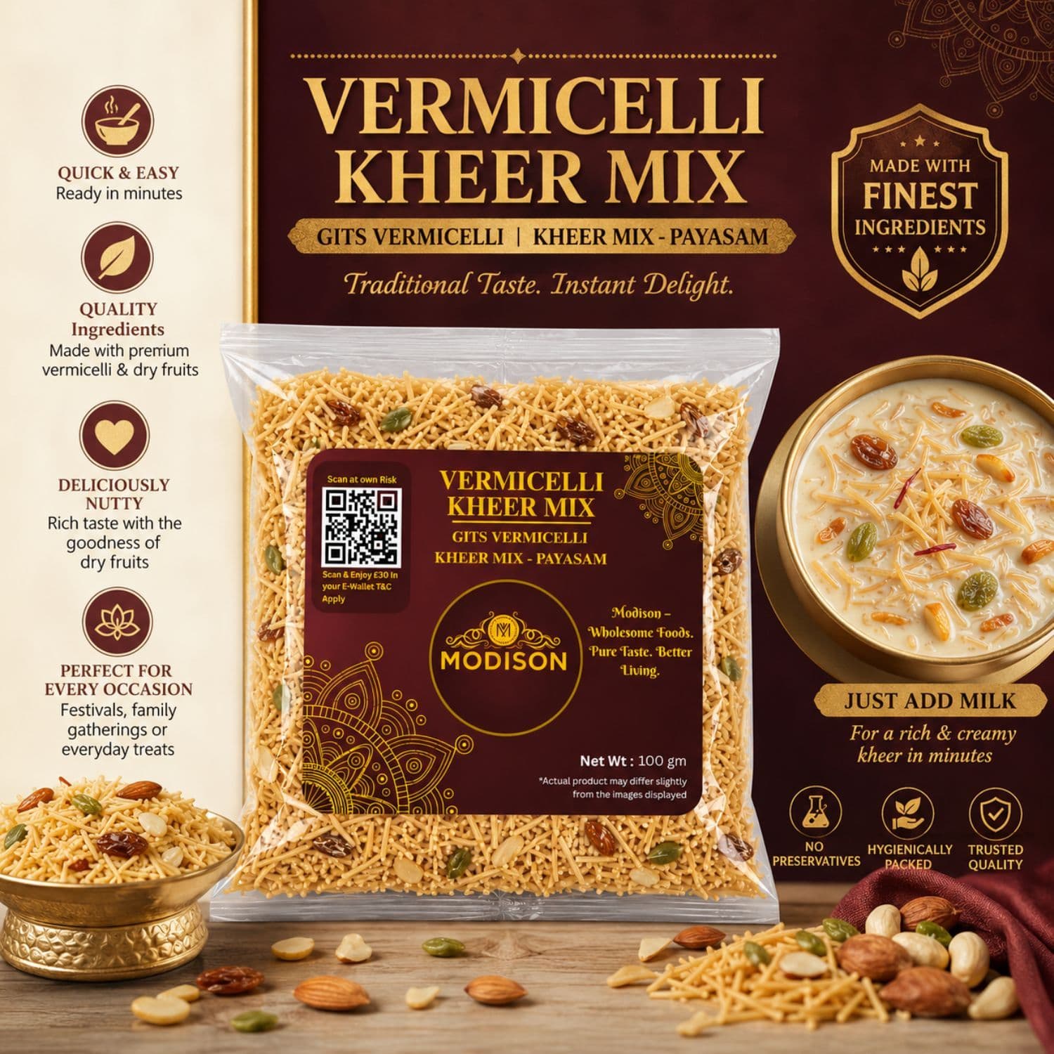 MODISON Vermicelli Kheer Mix Instant Payasam Dessert Mix 100g product image 2