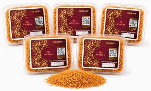 Modison Tikhi Sev – Spicy & Crispy Authentic Gujarati Namkeen | Teekha Gathiya Snacks | Traditional Indian Savoury Munchies – 900g (Pack of 5) product image 1