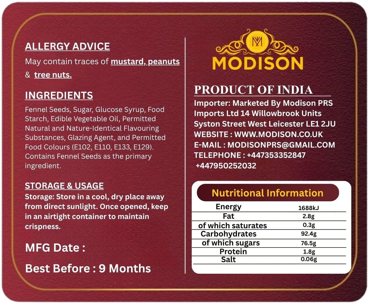 MODISON Sugar Coated Fennel Indian Mouth Freshener Saunf 100g product image 9