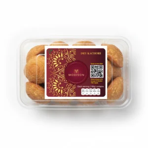 Fresh dry Kachori packaging from Modison, top view.