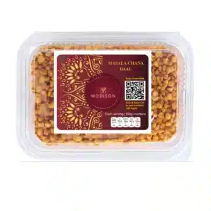 Golden Masala Chana Daal in clear plastic container with Modison branding.