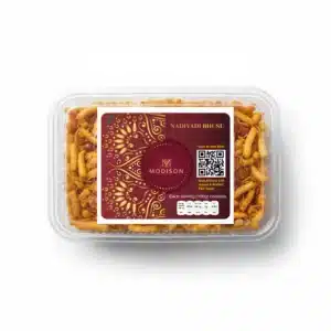 Golden Indian snack mix in clear plastic container with Modison branding.