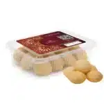 Golden Indian Panna Puri snacks in clear plastic container, authentic Indian street food.