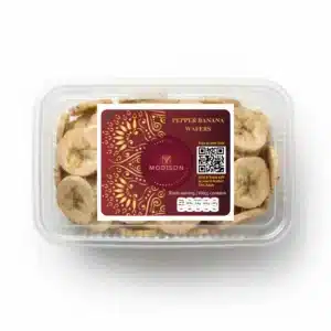 Premium pepper banana wafers from Modison, imported by PRS Imports Ltd, with vibrant packaging and QR code for offers.