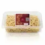 Golden crunchy snack noodles in clear plastic container, branded Modison for import quality.