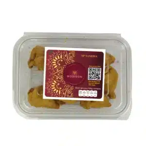 Crispy SP Samosa in clear plastic container with Modison branding and nutritional info.