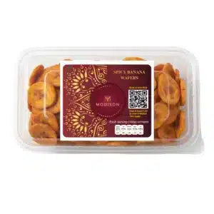 Spicy banana wafers by Modison, a top UK snack import brand.