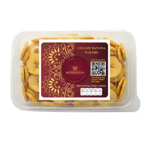 Bright yellow banana waffles in clear container with Modison branding and QR code, premium imported snack.