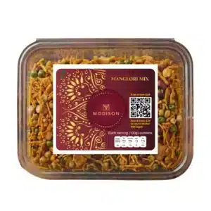 Spicy Manglori Mix in a clear plastic container with Modison branding.