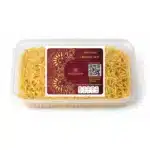 Golden potato cheese sev snack in a transparent container, ideal for Indian savory treats.