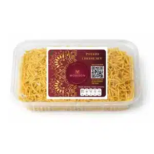 Golden potato cheese sev snack in a transparent container, ideal for Indian savory treats.